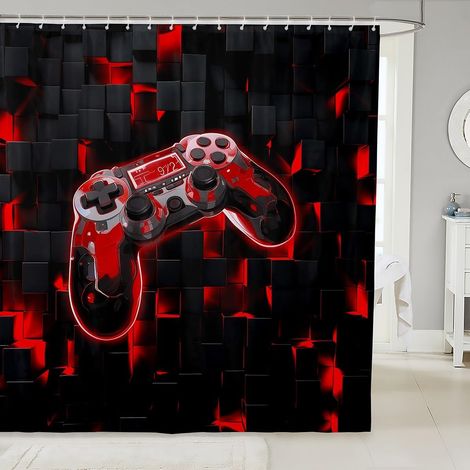 Rideau de Douche Garcon 180x180 cm, Rideau Douche Console de Jeux pour Enfant Jeune, Rideau de Bain Manette de Jeux Gaming Rideau de Baignoire À Carreaux Décoration D'Intérieur - 180L X 180H cm (1 Pan (1/5)