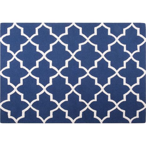 Alfombra de lana azul 140 x 200 cm Patrón de cuadrifolio trébol oriental marroquí hecha a mano Silvan