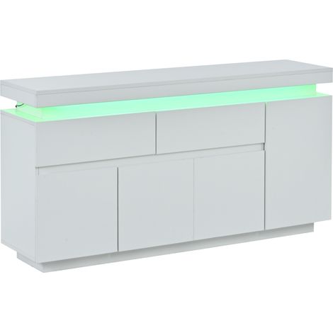 Buffet de salon blanc brillant avec 2 tiroirs, 4 portes et éclairage LED, 140 x 35 x 72,5 cm (1/5)