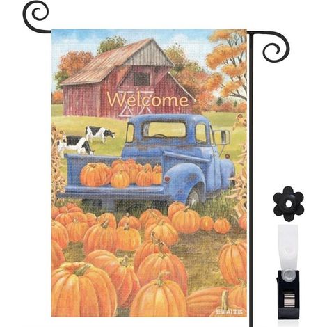 Drapeau de jardin décoratif 30 x 45 cm motif camion vintage et courges toile double face pour décoration extérieure (1/5)