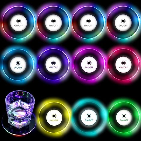 12 Pièces Dessous de Verre Lumineux LED, Dessous de Verre LED Multicolores en Acrylique Rond 10 cm, Étanches, 3 Modes d’Éclairage, pour Verres, Bouteilles, Fêtes, Bars (1/5)