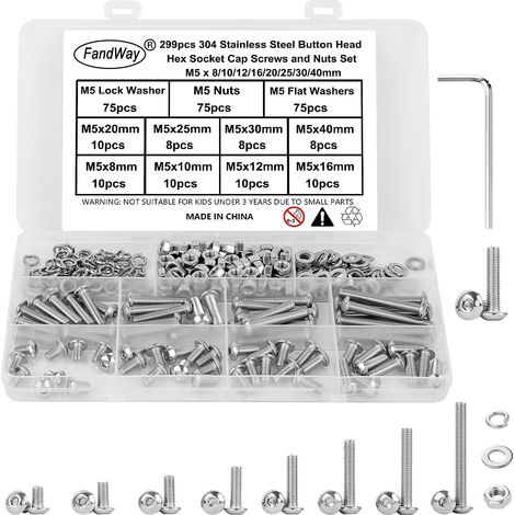 299 Pièces Vis Boulon et écrous Rondelles M5,Vis à Six Pans Creux,Vis à Métaux Tête Bombée Hexagonale,Boulon a Tête Cylindrique en Acier Inoxydable 304,Avec 1 Clés Hexagonales. (1/5)