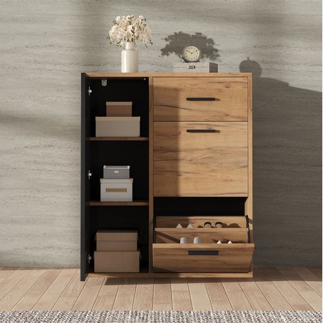 Zapatero (80x24x95.5 cm), con cajón, 3 puertas, baldas ajustables, aglomerado, negro y natural (1/5)