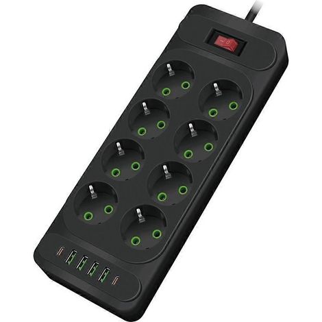 Multiprise secteur 8 prises UE avec câble d'extension de 2 m, prise USB intelligente et interrupteur marche/arrêt (noir) (1/5)