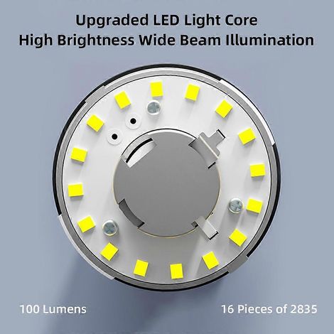Lampe de camping LED portable, rechargeable, pour tente, éclairage de secours, chargement USB-C, luminosité réglable (faible/élevée).