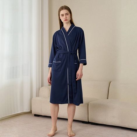 Bata de mujer de tejido gofrado con bolsillos, modelo de largo medio, transpirable y suave, pijama/ropa de estar por casa, azul, talla XXXL (1/5)