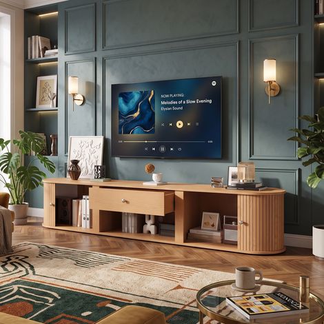 Creahappy Meuble TV Bas 180x40x40 cm jusqu'à 75 Pouces - 2 Portes Coulissantes Tambour et Tiroir - Style Rétro Bois Chêne Naturel (1/5)