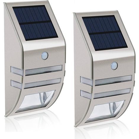 Lot de 2 lampes solaires LED MianBaoShu - Étanche - Acier inoxydable - Appliques murales extérieures - Avec détecteur de mouvement, grand angle de 90° - Éclairage pour jardin, terrasse, allée, etc. (1/5)