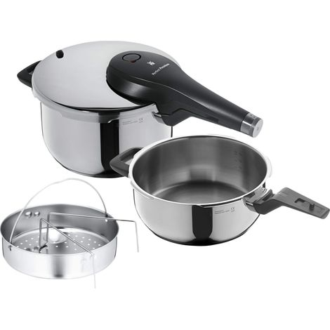 WMF Perfect Premium One Pot - Set di 3 pentole a Pressione a induzione, 4,5 l + 3 l, con Set di Inserti, pentola Grande, in Acciaio Inox Cromargan, 2 Livelli di Cottura, manopola (1/4)
