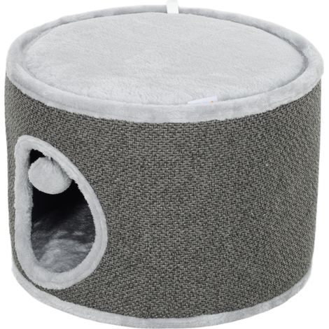Maison chat 2 étages griffoir sisal coussin peluche niche grotte Φ40 x 30 cm gris foncé