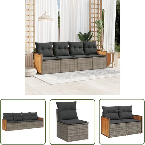 The Living Store Salon de jardin 4 pcs avec coussins gris résine tressée - Ensemble Salon De Jardin - Salon De Jardin Extérieur - Meuble De Jardin - Mobilier De Jardin - Chaise Longue (1/5)