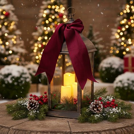 Lanterna con fiocco bordeaux con 3 candele per decorazioni natalizie da h 49 cm (1/4)