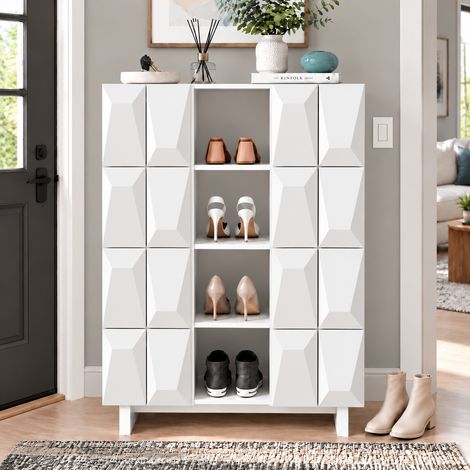 Meuble à chaussures, Armoire de rangement haute pour entrée salon, 4 portes motif relief 3D 12 compartiments, 90.5x34x135.5cm, Blanc (1/5)