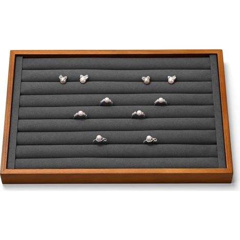 plateau à bijoux en bois massif 35 x 24 cm avec 8 fentes pour bagues et boucles d'oreilles beige ou gris (1/5)