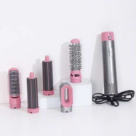Sèche-cheveux brosse 5-en-1 Rose - Styler ionique négatif avec têtes amovibles - Brosse soufflante pour lissage et bouclage automatique (1/5)