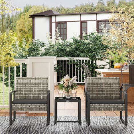 3-teiliges Gartenmöbelset: 2 Stühle mit Kissen + Couchtisch mit Tischplatte aus gehärtetem Glas, hellgraues Kunstharzgewebe