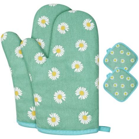 Gants de Four, 1 Paire Gants de Cuisine Coton avec 2 Maniques Cuisine, Lavable Gant Cuisine Four, Gants de Cuisine Antidérapants, Gant Cuisine Anti Chaleur pour Barbecue, Cuisson (fleurs vert (1/5)