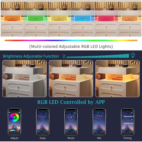 Table de nuit avec éclairage LED. Commode de nuit dotée de 2 tiroirs, 1 espace de rangement ouvert. Couleur blanche. Dimensions : B50/T40/H60 cm (1/5)