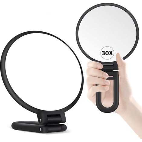Miroir grossissant 30X, miroir à main avec manche, miroir à main double face avec grossissement 30X/1X, miroir de maquillage pliable portable essentiel pour voyages, pour maquillage précis, noir (1/4)