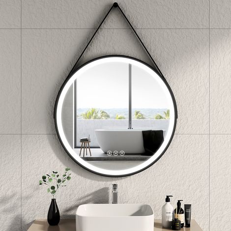 EMKE Miroir lumineux salle de bain rond diamètre 80cm cadre noir avec lanière réglable, Miroir LED avec Interrupteur Tactile, Anti-buée, Miroir avec éclairage Lumière Froide/Chaude/Neutre (1/5)