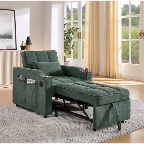 Divano letto 3 in 1 in legno e tessuto verde, con sistema slide-to-transform e porte USB integrate (1/5)