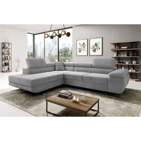 Aston Jumbo Cord Left Hand Facing Corner Sofa Bed with Storage and Lift Mechanism - Light Grey (1/5)