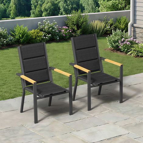 lot de 2 Chaise de Jardin Empilable, Fauteuil en Aluminium avec Accoudoirs Imitation Bois, Tissu Textilène et éponge à Séchage Rapide, Dossier Surélevé, Respirante et Confortable, Gris (1/5)