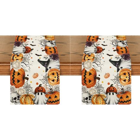 Camino de mesa de Halloween, decoración para el hogar y fiestas - 33 x 183 cm, calabazas naranjas, fantasmas y flores (2 piezas) (1/5)