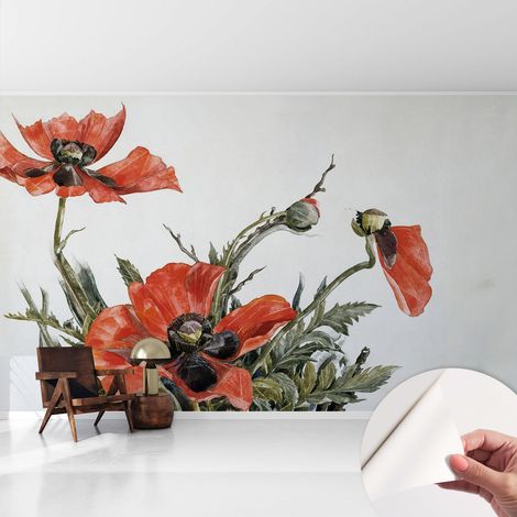 Papier peint adhésif avec colle pour décoration moderne de salon chambre à coucher cuisine et bureau Facile Coquelicots rouges 416x254 cm (1/5)