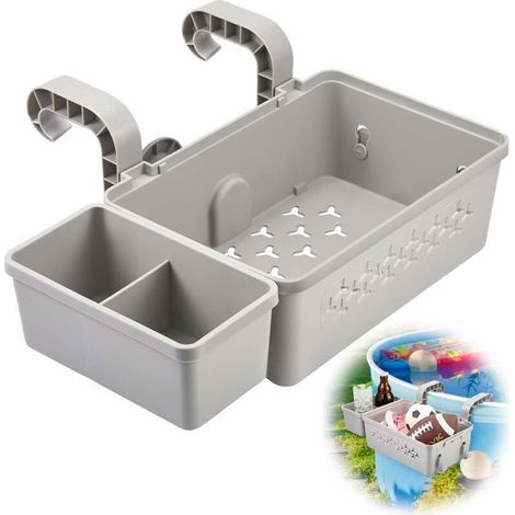 Das Pool-Aufbewahrungskorb-Set beinhaltet einen Poolkorb aus Kunststoff, einen Becherhalter und multifunktionales Poolzubehör, das für Aufstellpools geeignet ist (grau). (1/5)