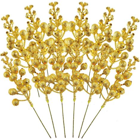 14 piezas de ramas de bayas navideñas brillantes, 19 cm, adornos navideños artificiales de acebo con forma de rama de pino para árboles de Navidad y coronas navideñas DIY (dorado).