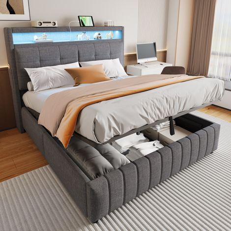 Letto imbottito 160x200 cm grigio, struttura in metallo con LED e USB (1/5)
