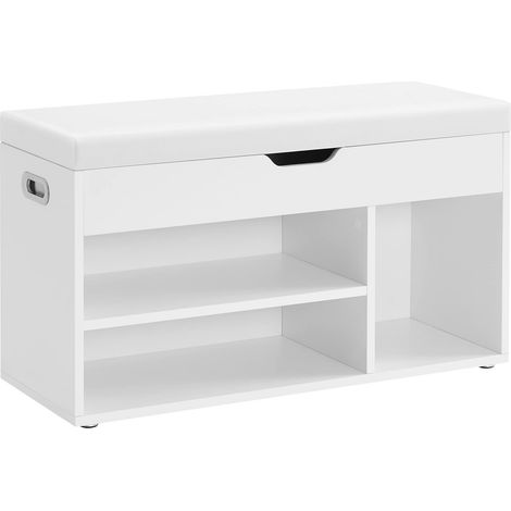 Banc à Chaussures Rembourré, Banc de Rangement, Rangement Caché, Étagères, Meuble d'Entrée, Capacité de Charge 136 kg, 30 x 80 x 44 cm, Blanc Nuage LHS030W (1/5)