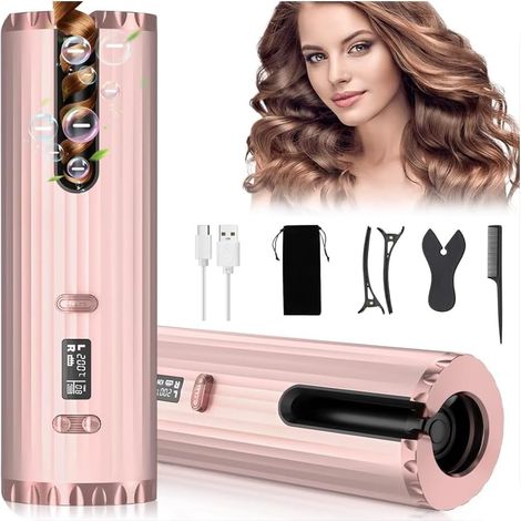 Fer à Friser Automatique, Boucleur a Cheveux Portables, Fer à Boucler Sans Fil Bigoudi Anti-Brûlures, 6 Minuterie/Température, USB Rechargeable, Affichage de LCD, pour Cheveux Longs/Courts Styler (1/5)