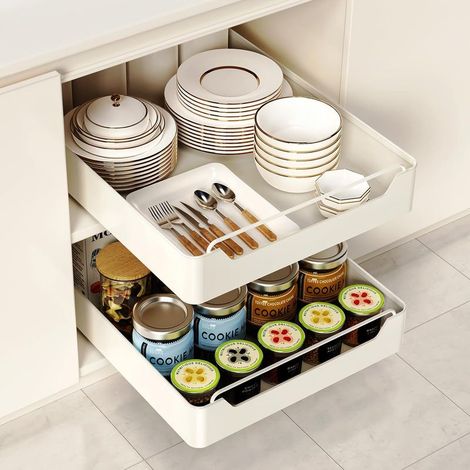 Tiroir coulissant cuisine 2 pièces – Étagère télescopique pour armoires – 43 cm L x 30 cm P x 7 cm H – Installation sans perçage – Blanc (1/5)