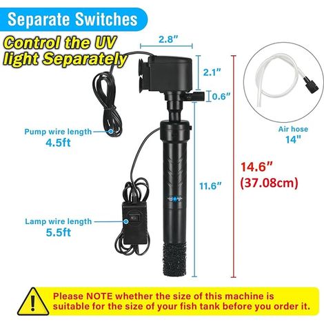 Aquarium Filter Pump for 150-380L Fish Tank, 5W Lamp Anti-Algae Clarifier, 1200L/H Crystal Algae Purifier Water Pump Air Supply Flow Pump (1/4)