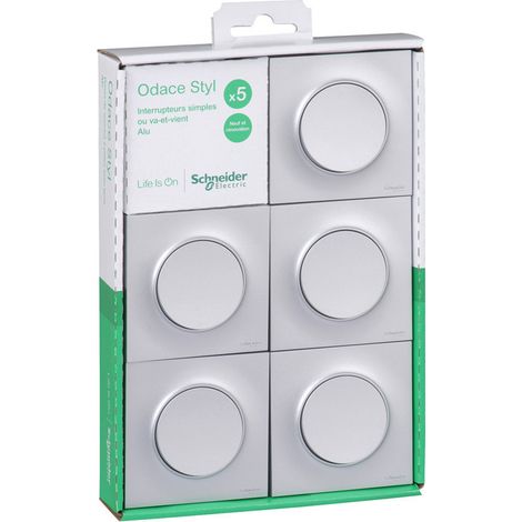 Schneider Electric – Lot de 5 interrupteurs va et vient encastrés – Plaque aluminium – Connexion automatique rapide – IP20 pour usage intérieur