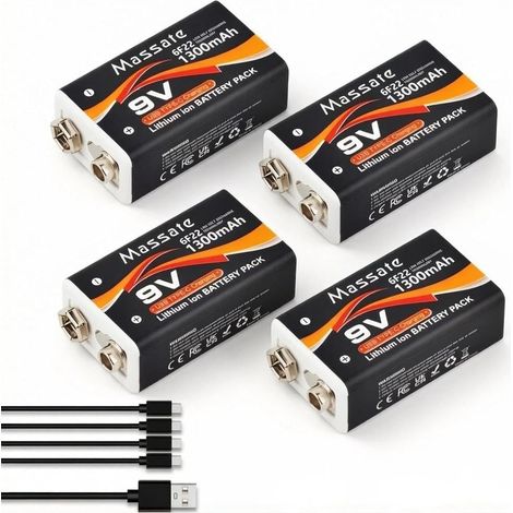 Lot de 4 Piles 9V Rechargeables 1300mAh, Batteries Lithium-ION USB-C, durables pour détecteurs de fumée, pédales de Guitare, Microphones – Pack avec Circuit de Protection intégré (1/5)
