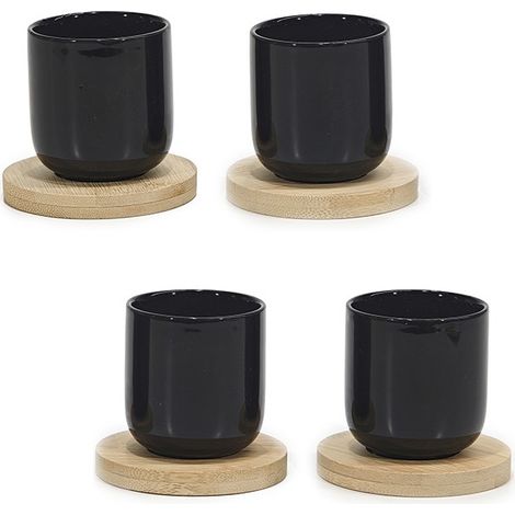 Box Set 4 Tazzine Caffè Nero Moderne senza Manico in Ceramica con Piattino in Legno di Bambù Capacità 9 cl per Espresso Casa e Bar Design Moderno Bicchierini Caffè Minimalisti (1/4)