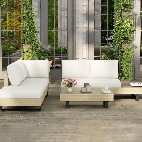 5-teiliges Eck-Gartenmöbel-Set – Modernes Design – Abnehmbare Kissen – Couchtisch – Epoxidbeschichteter Stahl & beigefarbenes Kunstharz
