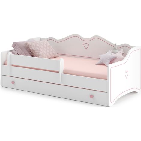 Lit enfant Emma rose 80x160, blanc avec tiroir, barrière, matelas et sommier pour chambre d'enfant