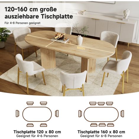 Table extensible 120/160 x 80 cm pour 4 à 6 personnes, table à manger arrondie, plateau épais, design moderne, couleur chêne, réglable (1/5)