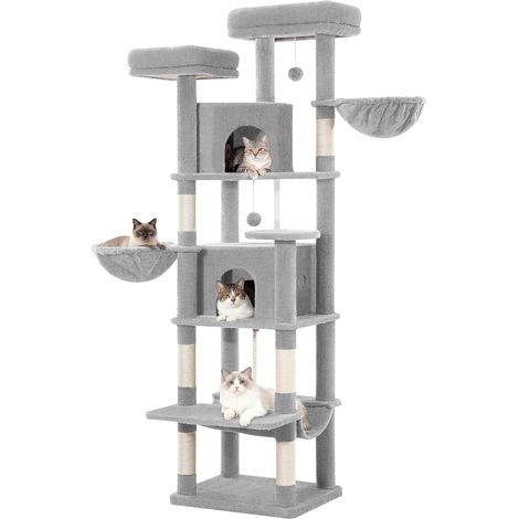 Grand Arbre à Chat, Tour de Jeux pour Chats, Arbre à Grimper avec Griffoirs, 2 Condos Confortables, 2 Perchoirs, 2 Paniers, Hamac, pour Usage Intérieur, Gris Clair (1/5)