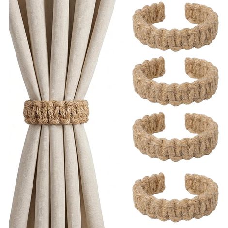 Raffhalter - 4 Unidades - Tejido A Mano - Fibra De Lino - Para Cortinas - Sin Perforación - Ideal Para Dormitorio Salón Y Oficina (1/5)