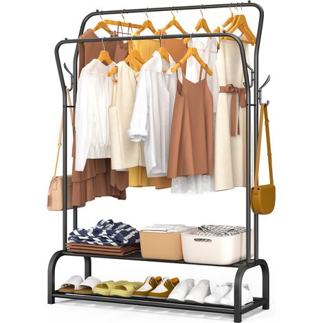 VOUNOT® Perchero Burro Ropa Doble, Organizador de Ropa Metálico con 2 Estantes Inferiores y Ganchos Laterales, 110x35x146cm Negro
