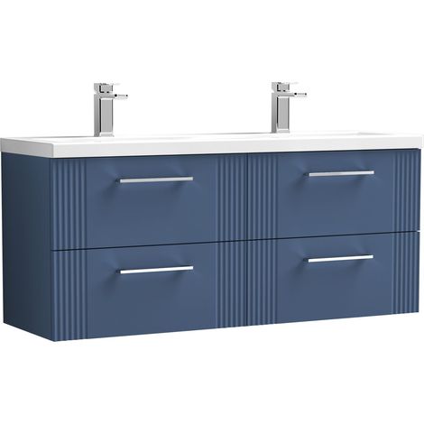 Belvide Partial Fluted 4 Drawer Wall Hung Vanity Unit with Double Ceramic Basin - 1200mm - Satin Blue (1/4)