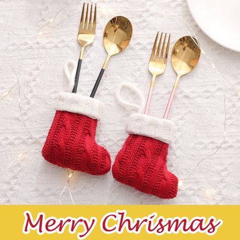 Sac À Couverts De Noël - Tricoté - Forme Chaussette De Noël - 9 X 10 Cm - Pour Décoration De Table Et Rangement - 1 Pièce (1/5)