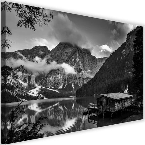 Tableau sur toile Cabane au bord d'un lac de montagne Alpes 60x40 (1/5)