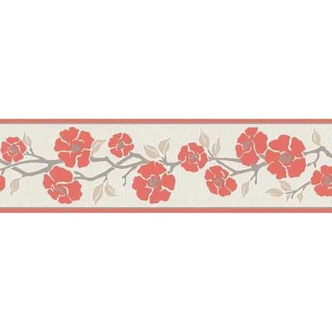 Floral Leaf Wallpaper Border Self Adhesive Red White Grey Textured Vinyl 5 Meter