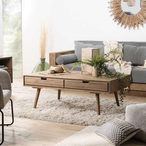 ANDY - Table basse marron scandi rectangulaire 4 tiroirs bois (1/5)